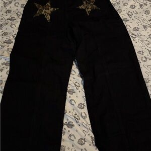 Black, high rise, wide leg Pants with Leopard Star back Patches sz L